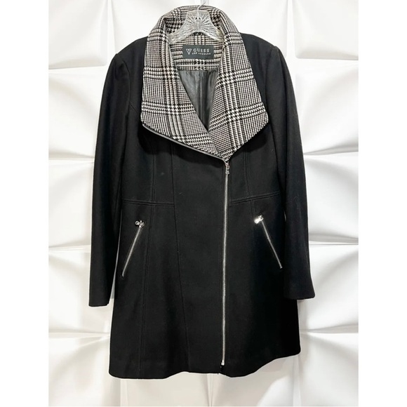 Guess Womens Sz L Black Wool Full Zip Up Plaid Collar Long Tunic Moto Coat - Picture 5 of 6